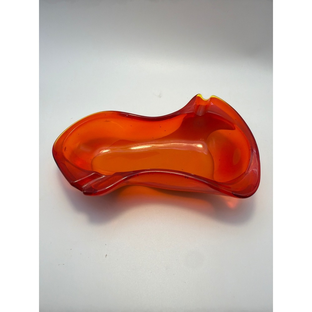 Vintage Mid Century Modern Orange Art Glass Ashtray Selenium Glow UV Reactive